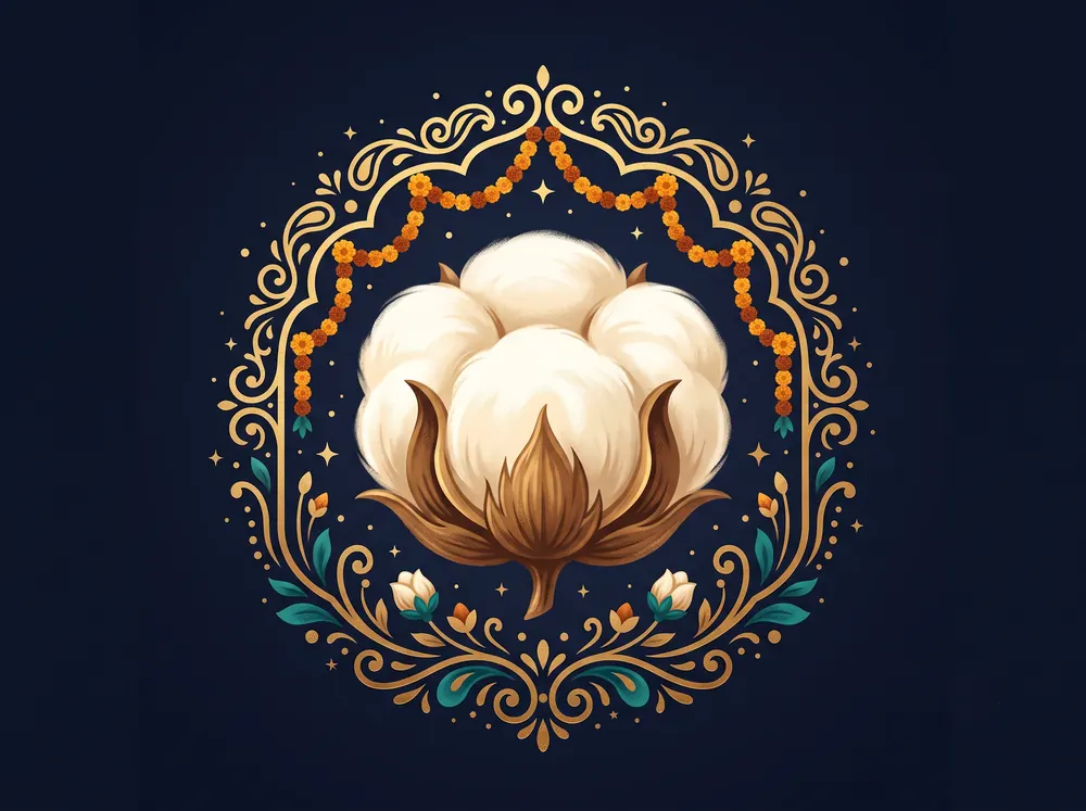 Cotton Event Management emblem — a cotton boll framed by festive gold filigree
